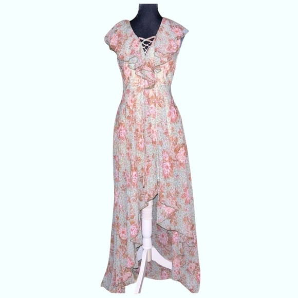NWT City Triangles Floral High Low Dress Flowy Ruffles Sage Pink Corset Tie Boho - Picture 1 of 16